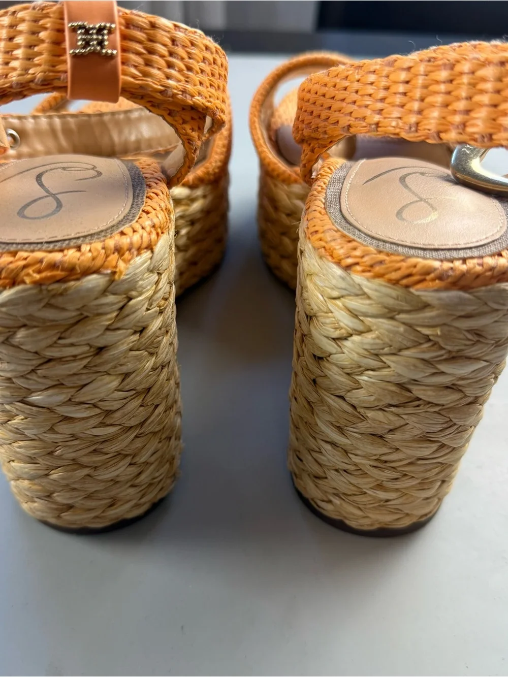 Sam Edelman April Raffia Platform Wedge Espadrille Sandals Marigold Orange 7.5